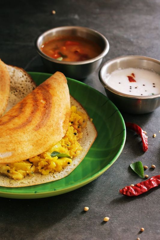 Golden crisp Masala Dosa with chutney and sambar